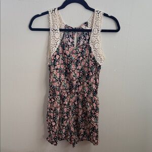 Floral Crochet-Trim Romper in Black & Pink